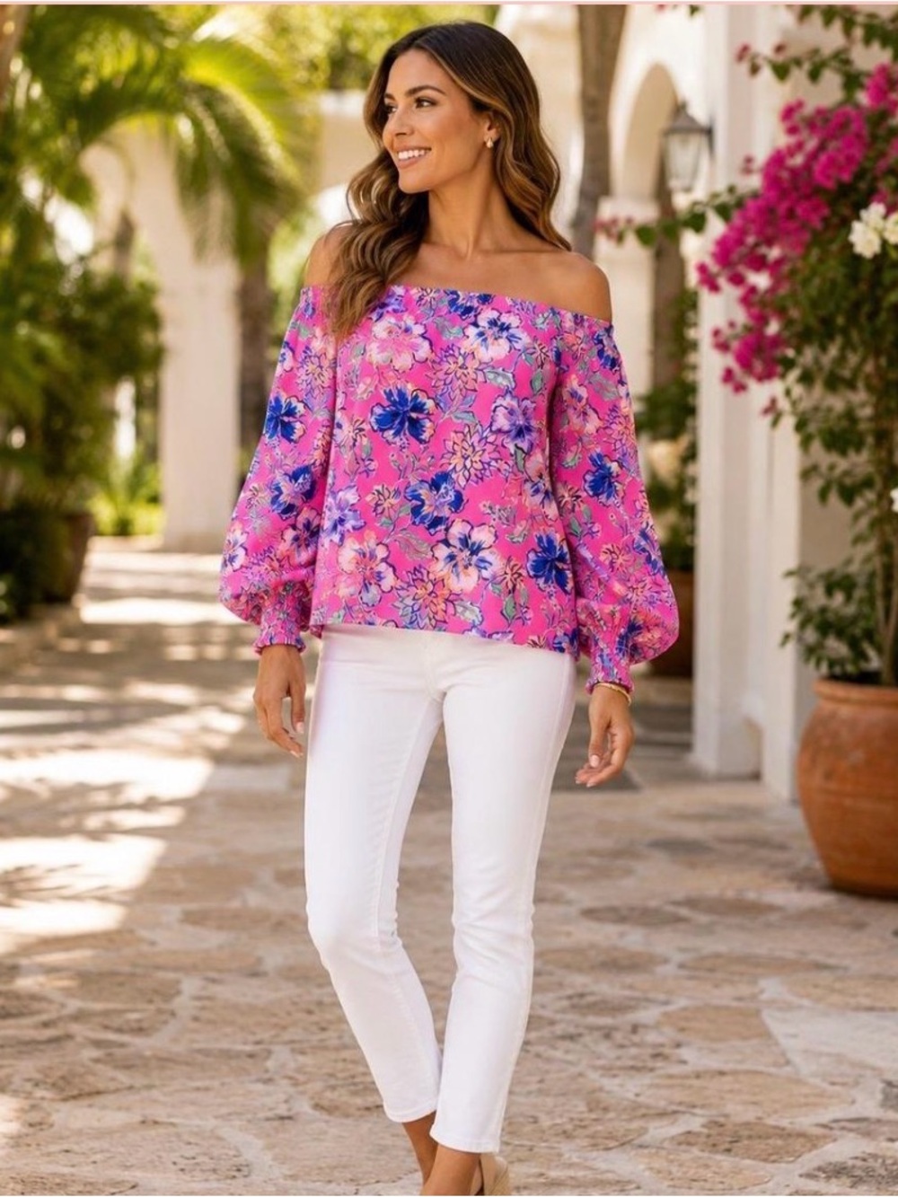 Lilly Pulitzer Lessa Off The Shoulder Floral Tropical Blouse Size XS 100% Cotton
